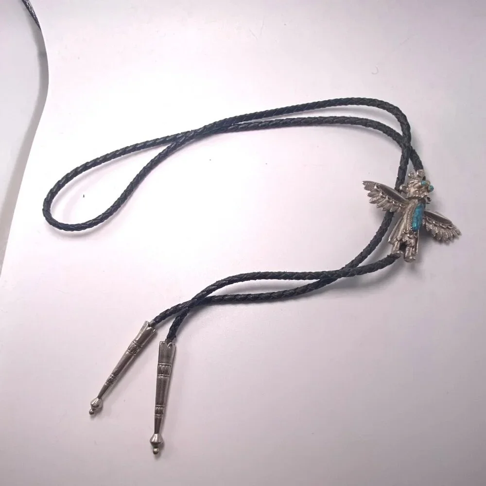 Vintage Thunderbird Turquoise  Silver Tone Kachina Bolo Tie Braided Leather Cord - Picture 2 of 6